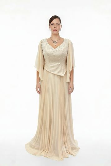 Plus Size Pleated Evening Dress with Stone Embellishments